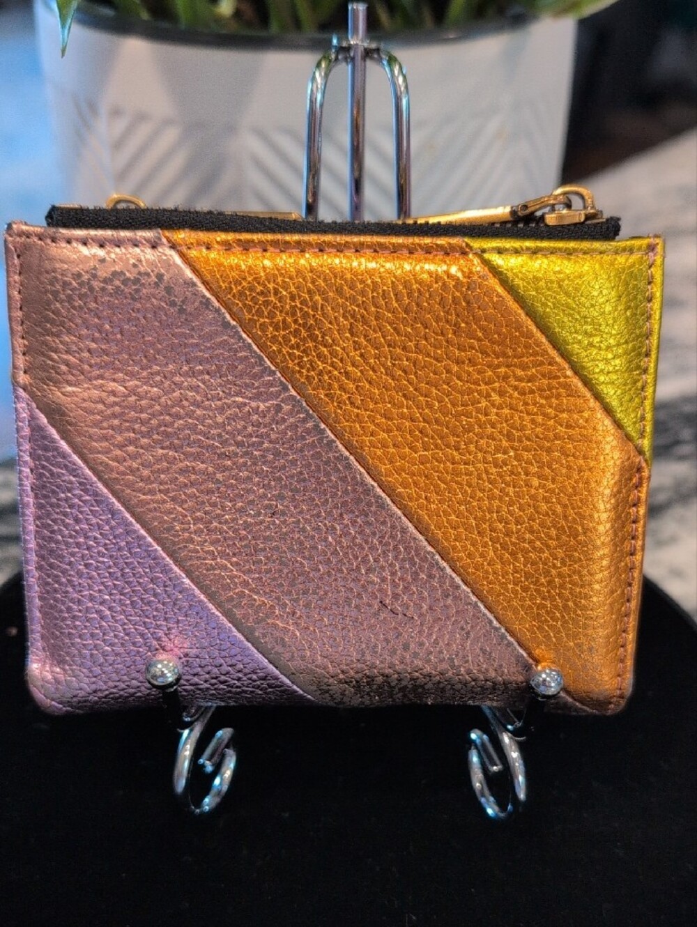 Kurt Geiger Iredescent Diagonal Stripes Mini Purse Compact Wallet - Picture 3 of 8